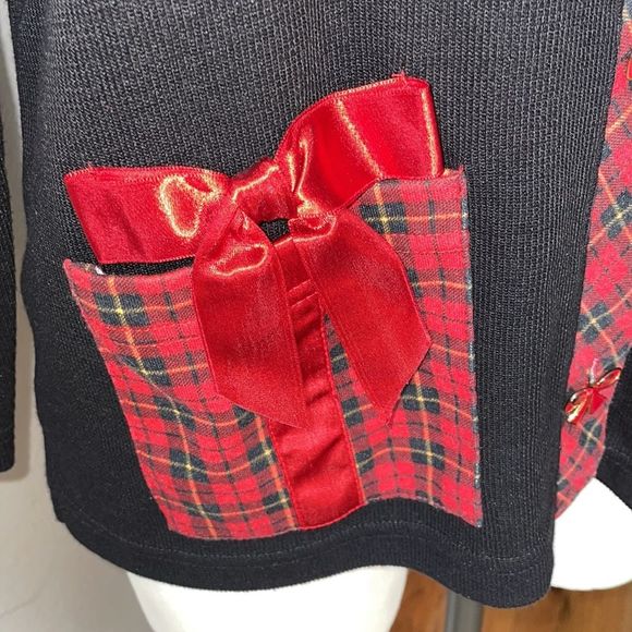 Vintage Holiday Cardigan Jacket size S Petite Plaid Trim Bow Buttons - Picture 4 of 8